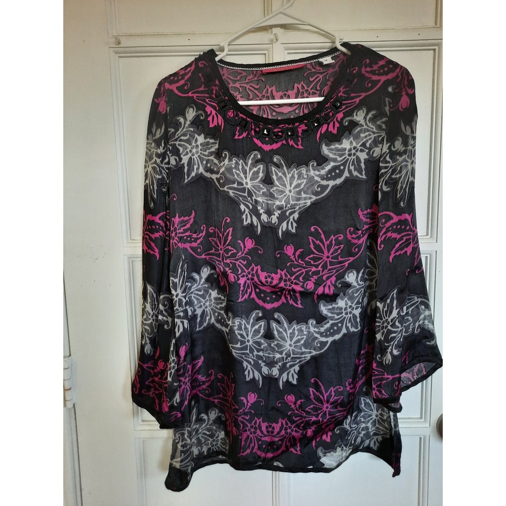 Robert Graham Women Medium Cabira Style Embellished Gem Lightweight Blouse Nylon